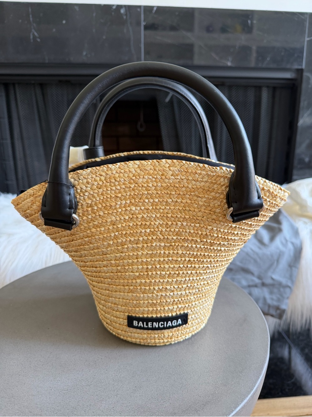 Balenciaga Women's Mini Straw Tote Bag with Black Handles